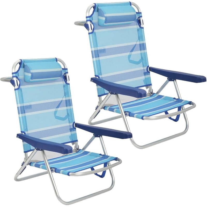 Pack 2 Sillas de Playa Plegables con Cojín Reclinable Rayas Azules