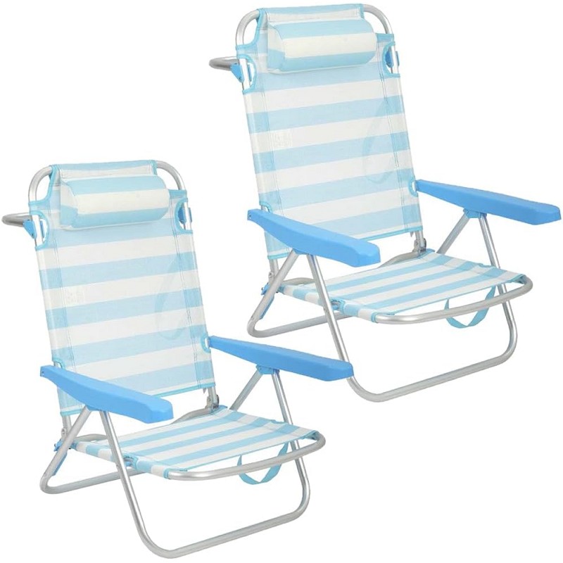Pack 2 Sillas de Playa Bajas con Cojín Reclinables Rayas Celeste