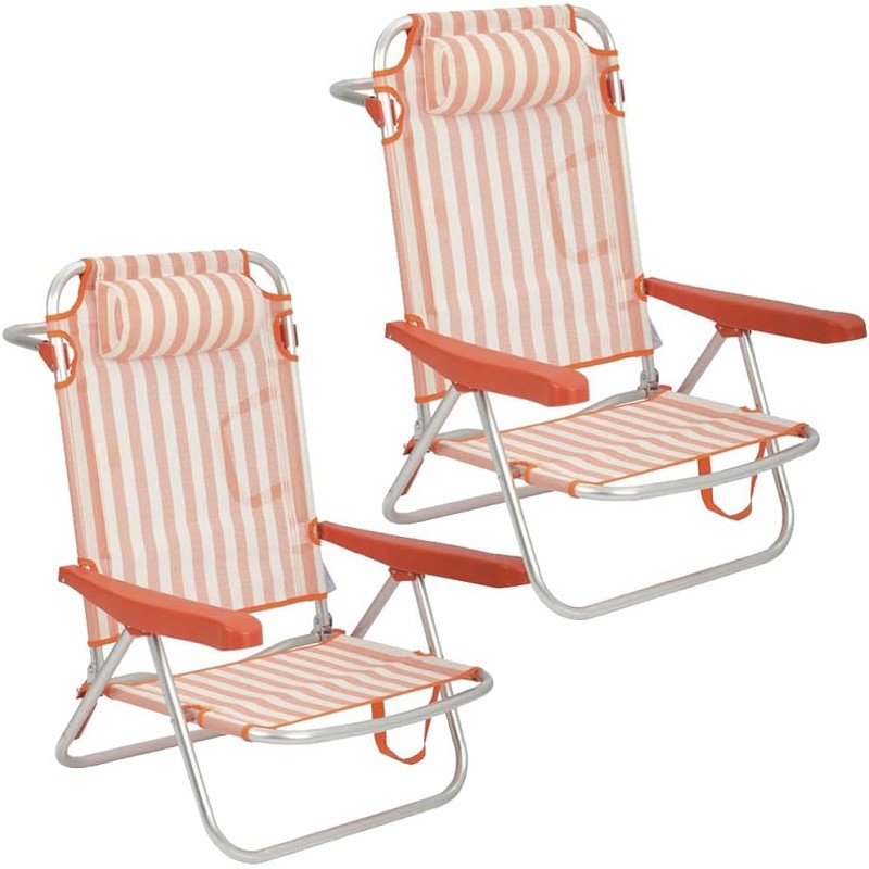 Pack 2 Sillas de Playa Bajas con Cojín Reclinables Rayas Naranja